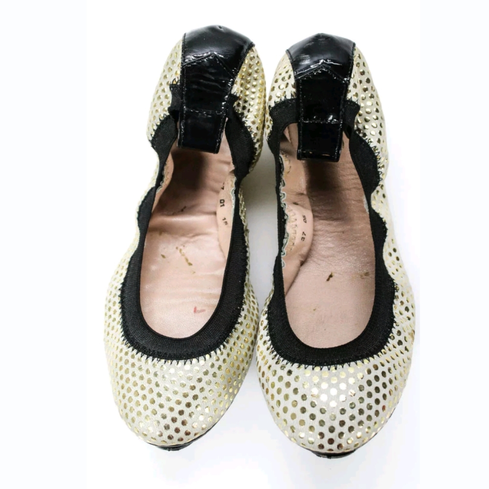 REISS SLIP ON BALLET FLATS BEIGE GOLD SUEDE shoes - Picture 2 of 5
